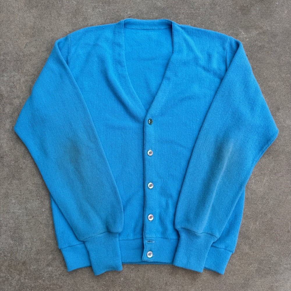 Vintage 70s Mens Bright Blue Knit Cardigan Sweater V-Neck Button  USA made